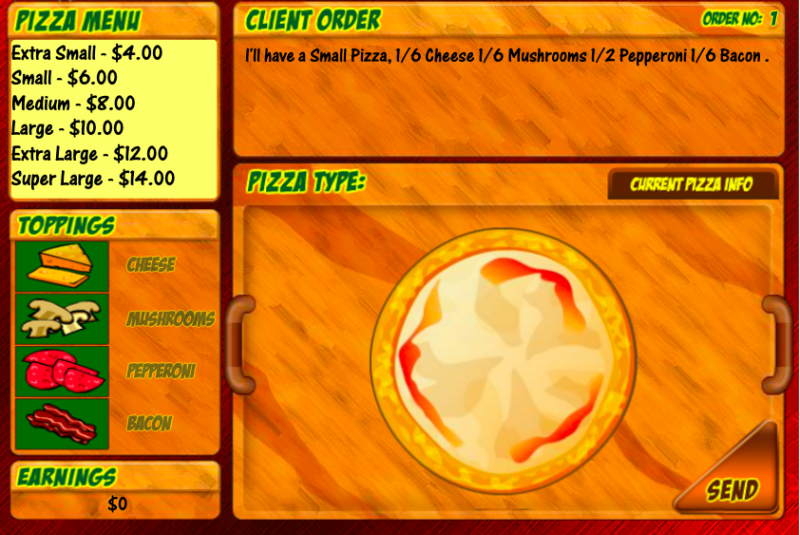 Main screen image of online fraction game Tony Fraction's Pizza Shop