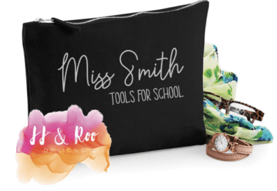 cute pencil pouch with "Tools for school" with name personalization in black