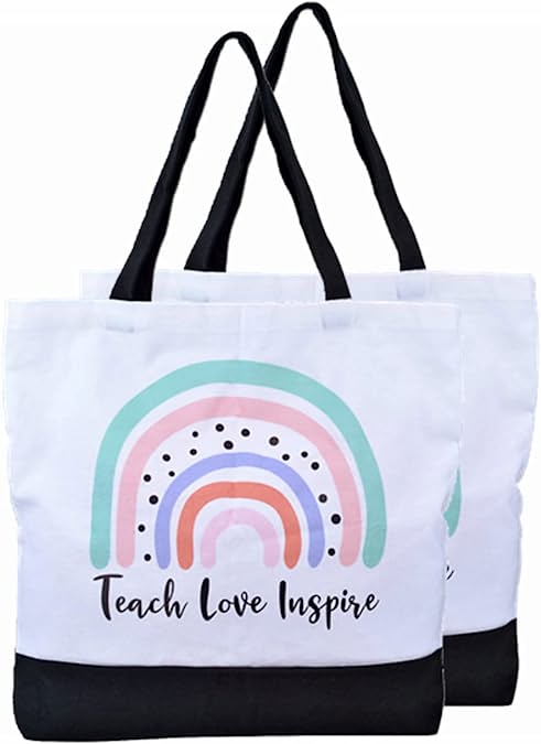 A tote bag has a rainbow design and the words teach love inspire (best gifts for teachers)