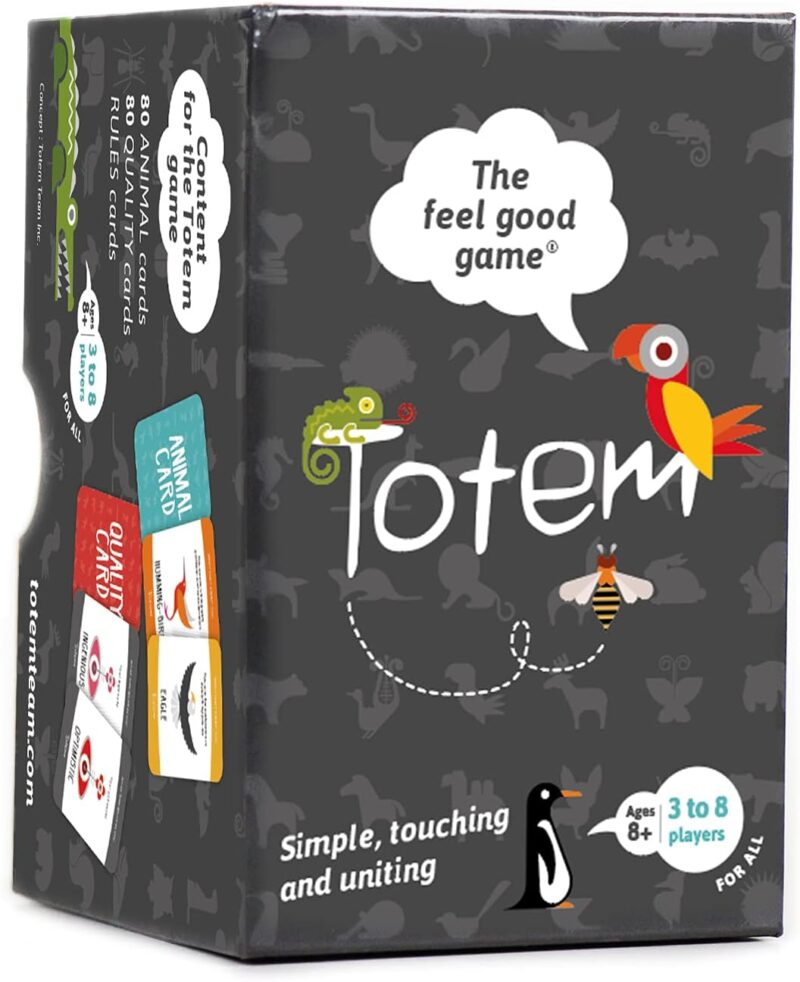 A black box features a bird with a word bubble that says The feel good game. White text reads Totem in this example of best cooperative board games.