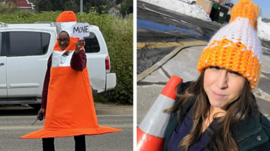 Collage of school staff dressed as traffic cones