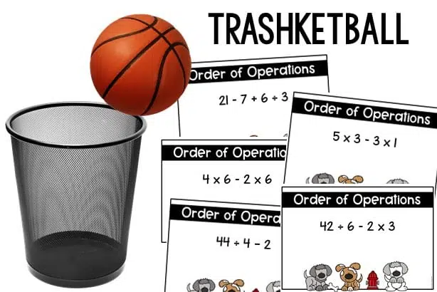 An image showing a basketball going into a trash can next to math question cards as an example of fun last day of school activities