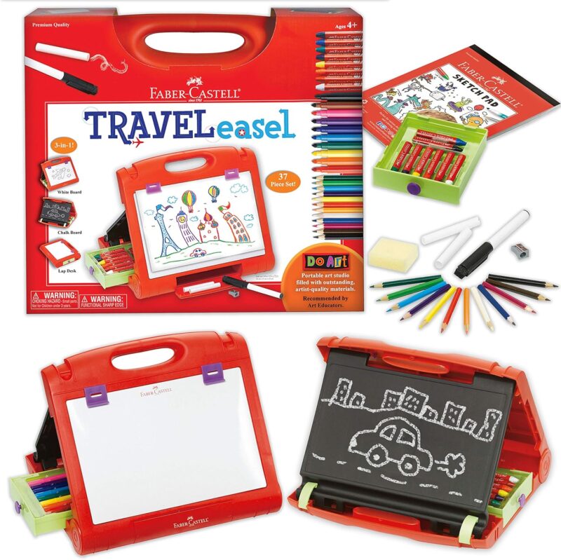 A travel art easel for kids is shown folded flat, then with the magnetic side up, and also with the chalkboard side up.