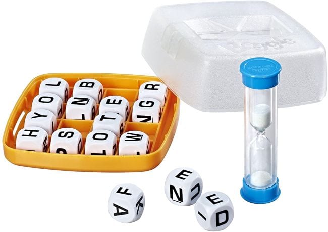 Travel-sized Boggle game with letter cubes and timer (Travel Games for Kids)