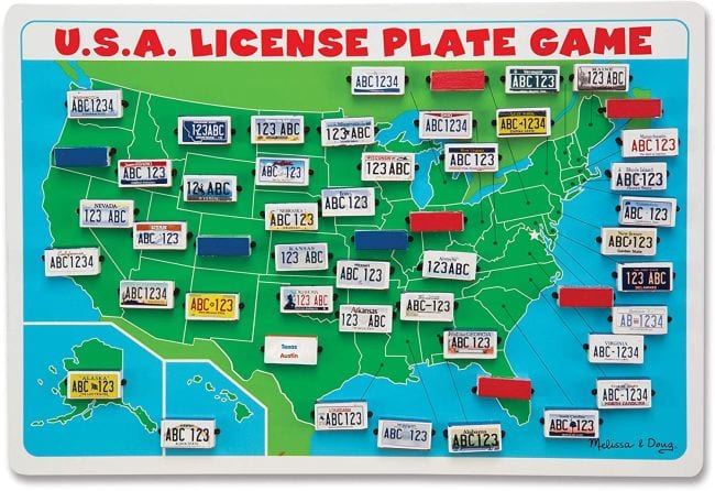 USA License Plate Game board with flippable state license plates (Travel Games for Kids)