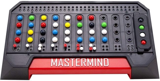Mastermind code-cracking game board with colorful orbs and pegs