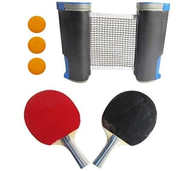Travel ping pong set with retractable net, paddles, and balls (Travel Games for Kids)