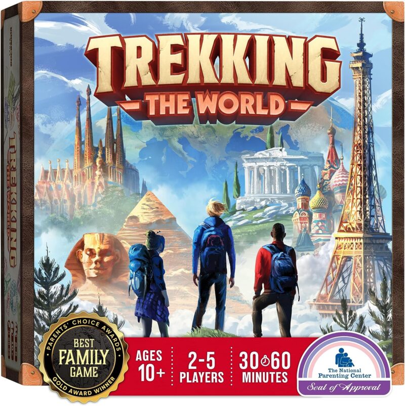 A game box says Trekking the World and shows landmarks from around the world like the Eifel Tower with three travelers.