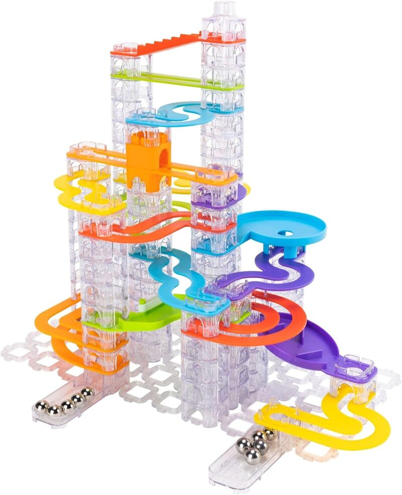 Clear plastic squares that fit together come together with a few brightly colored oddly shaped pieces to form a marble run.