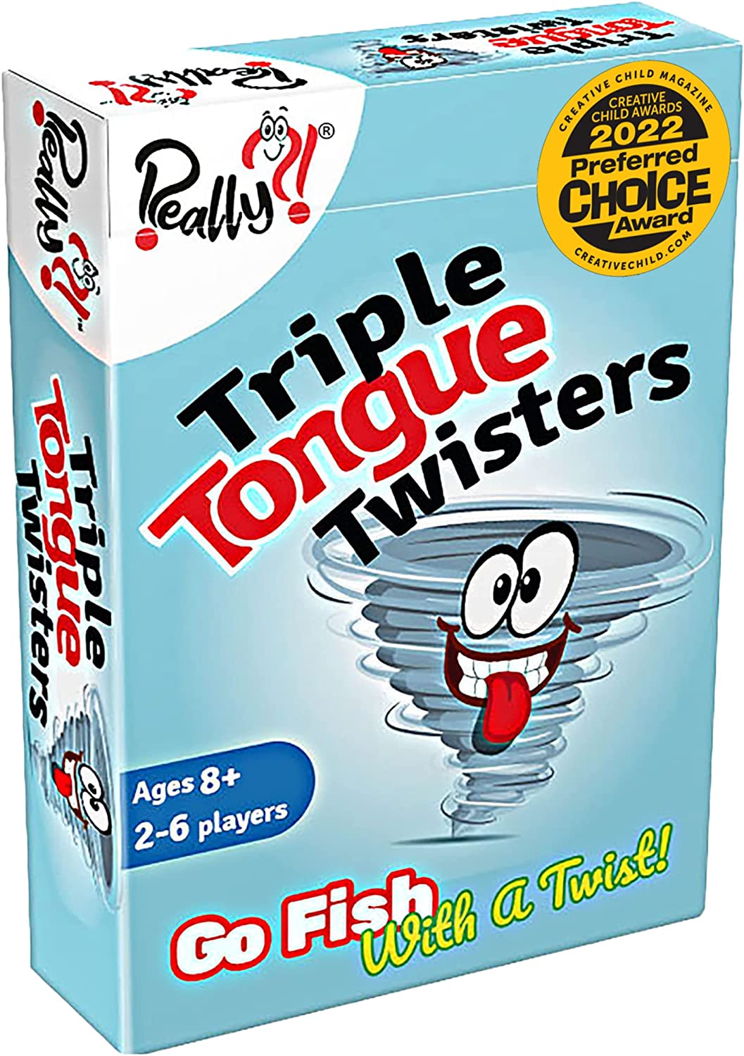 A card game box is shown. It says Triple Tongue Twisters in red and black letters. There is a cartoon tornado shown that is sticking out his tongue (fun card games)