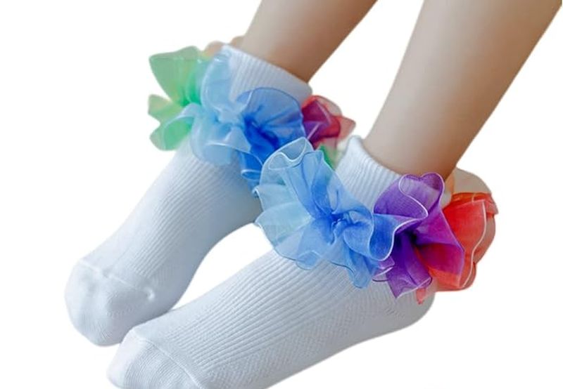 White anklet socks with colorful tulle ruffles around the band