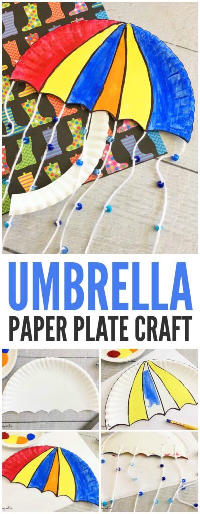 A rainbow umbrella is constructed from a half of a paper plate.