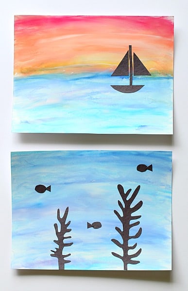 Two paintings are shown of different ocean scenes. 