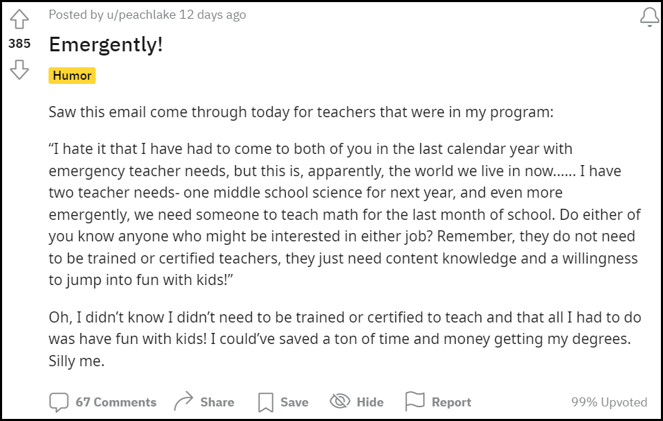 Reddit post from teacher 
