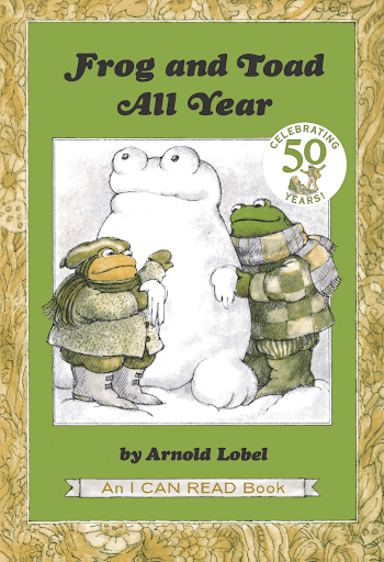 Book cover of Frog and Toad All Year with both characters building a snow person. (Summer Read Alouds)