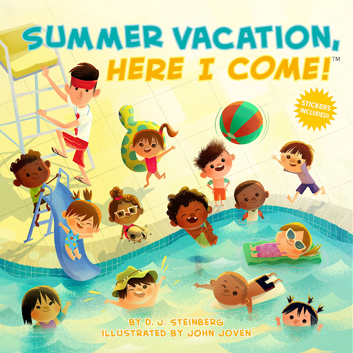 Book cover of Summer Vacation, Here I Come, with kids swimming in a pool (summer read alouds)