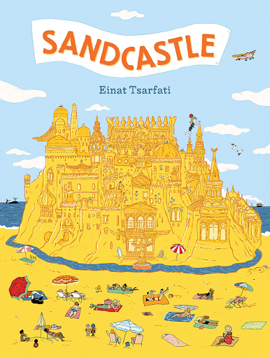 Sandcastle book cover with a giant sandcastle on the beach (summer read alouds)