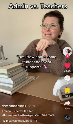 Teacher wearing brown sweater and glasses saying "Um. How about some student behavior support?" in this 'Flowers' Remix: Teacher Edition Tik Tok.
