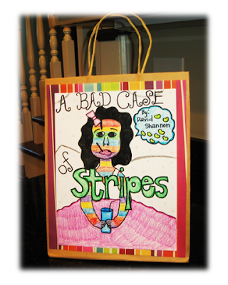 Decorated bag for the book A Bad Case of Stripes with the character in the center (second grade reading comprehension activities)