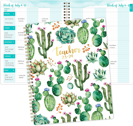 Teacher planner with various cacti designs all over the cover and a spiral binding