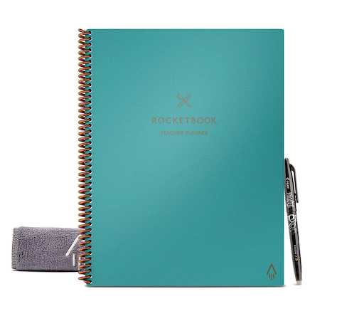 Teal colored spiral teacher planner with a pen and eraser surrounding it