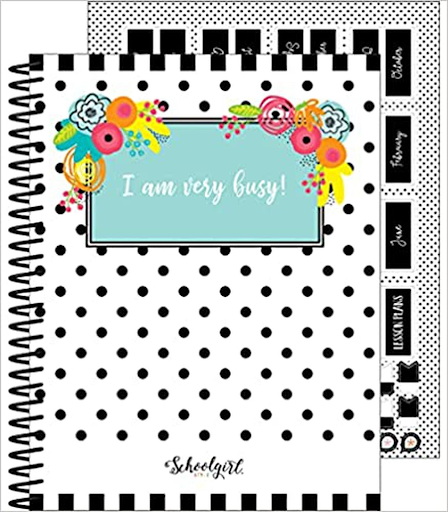 Schoolgirl Style brand teacher planner with I am very busy written in the center, polka dots, and a floral border around the title