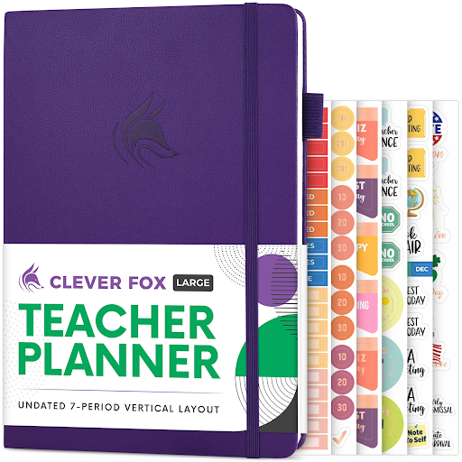Clever Fox teacher planner with solid purple cover and sample stickers