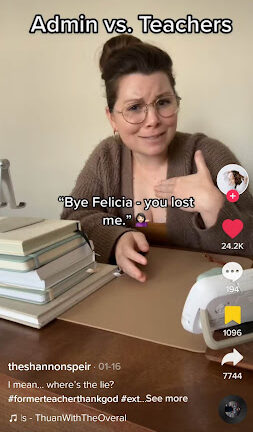 Teacher wearing brown sweater and glasses saying "Bye Felicia-you lost me?" in this 'Flowers' Remix: Teacher Edition Tik Tok.