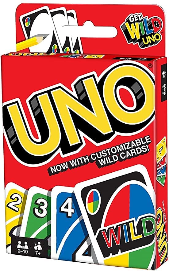 Box for UNO card game showing sample color and number cards and a wild card