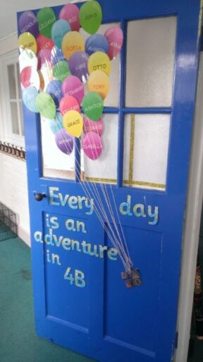 every day is an adventure in 4B. Up movie themed classroom door with house and balloons