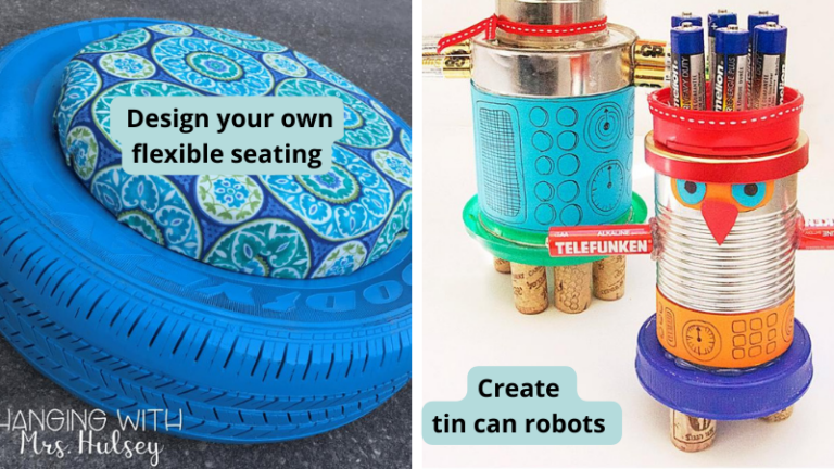 Examples of upcycled Earth Day crafts including tin can robots and flexible seating made out of car tires.