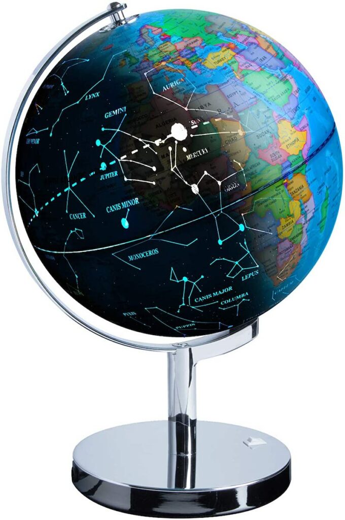 USA Toyz LED Illuminated Globe USA Toyz LED Illuminated Globe shown half lit with constellations on left side