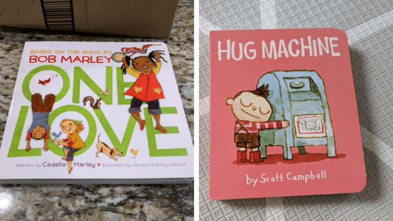 Two Valentine's Day books for kids on tables: One Love and Hug More