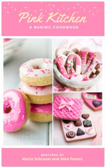 Example of a cookbook with pink background, donuts, and heart candies