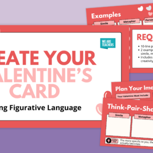 Slides from Valentine's Day secondary ELA activity on a purple background