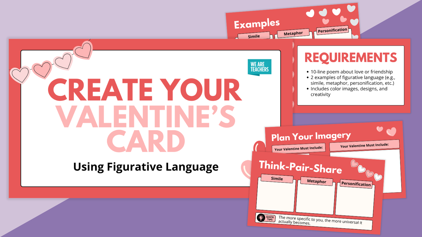 Slides from Valentine's Day secondary ELA activity on a purple background