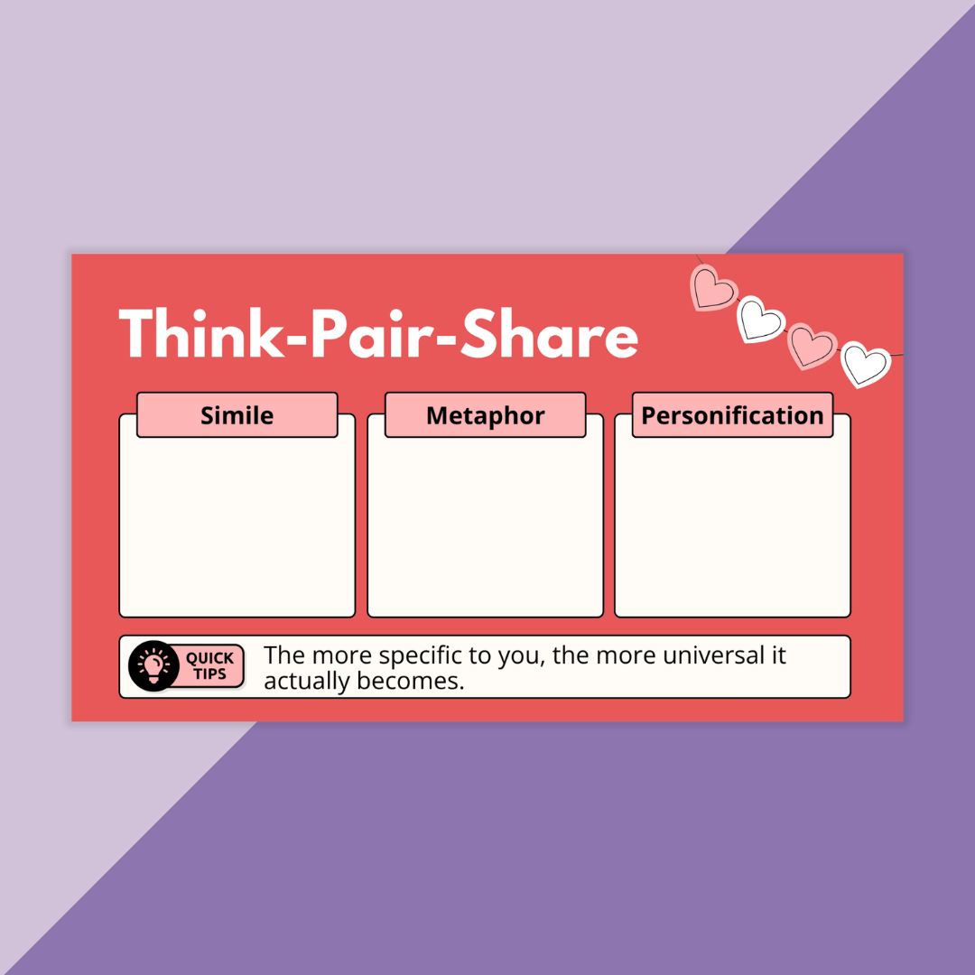 Slides from Valentine's Day secondary ELA activity on a purple background