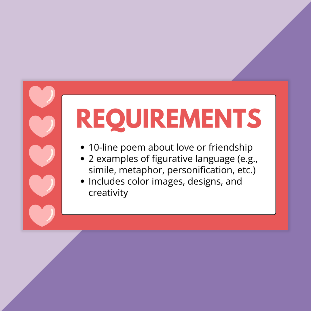 Slides from Valentine's Day secondary ELA activity on a purple background