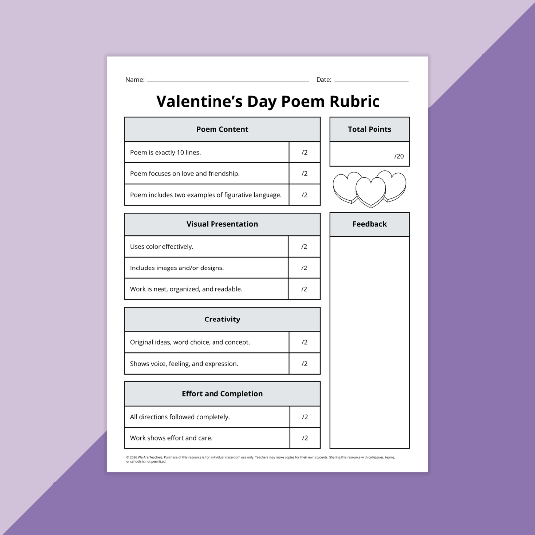 Worksheet from Valentine's Day secondary ELA activity on a purple background