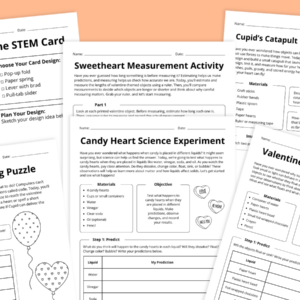 Flay lay of Valentine's Day STEAM worksheet pages on an orange background