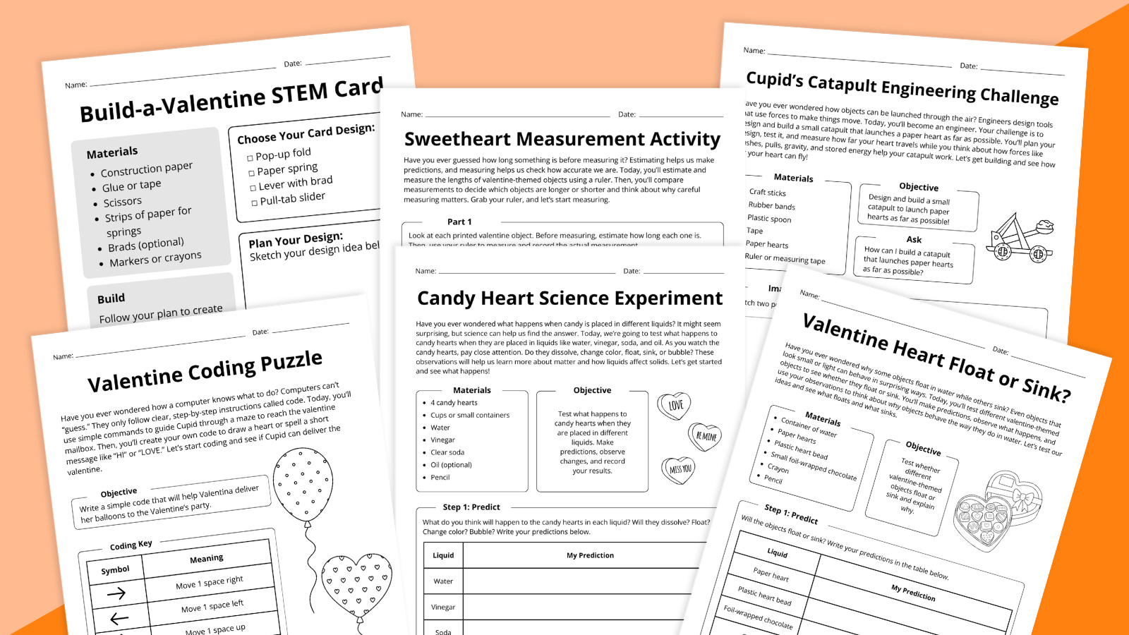 Flay lay of Valentine's Day STEAM worksheet pages on an orange background