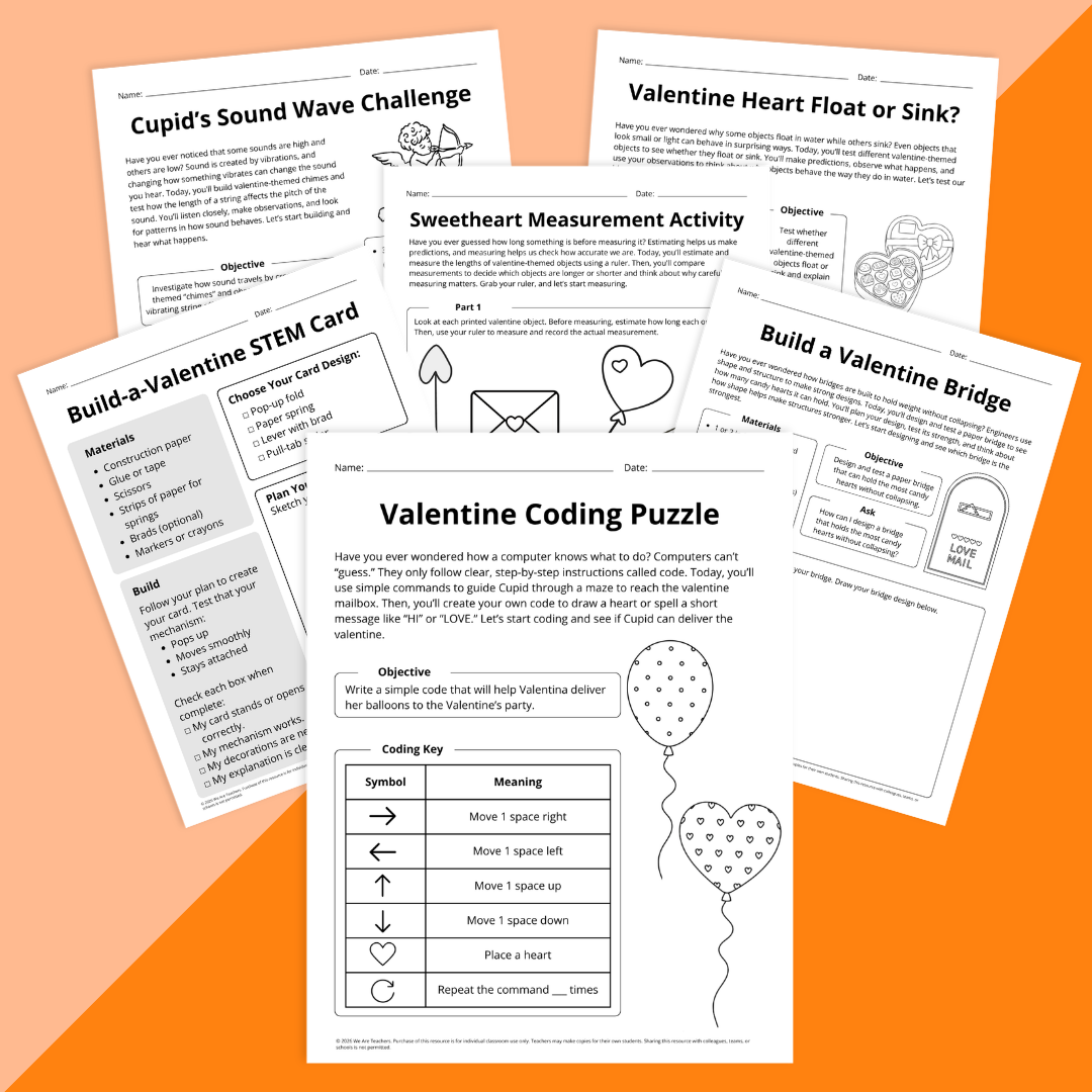 Flay lay of Valentine's Day STEAM worksheet pages on an orange background