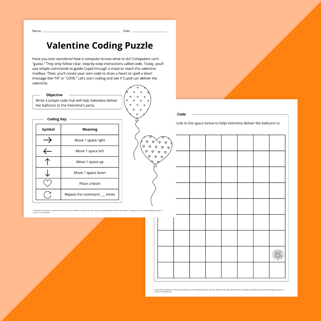 Flay lay of Valentine's Day STEAM worksheet pages on an orange background