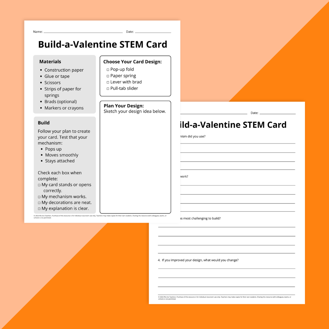 Flay lay of Valentine's Day STEAM worksheet pages on an orange background