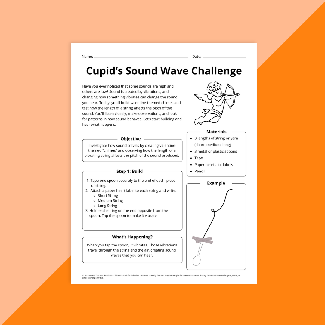 Flay lay of Valentine's Day STEAM worksheet page on an orange background