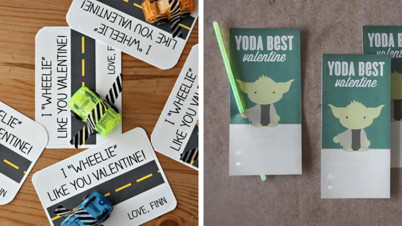 Examples of valentines for students, including baby Yoda card with glow stick light saber and card with toy Matchbox car.