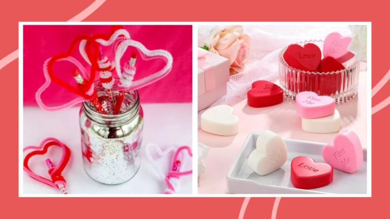 Examples of teacher valentine gifts including heart-shaped soaps and DIY heart pencil toppers.