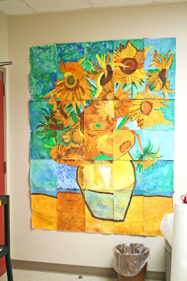 Van Gogh's Sunflowers created as a mural by children as an example of school auction art projects