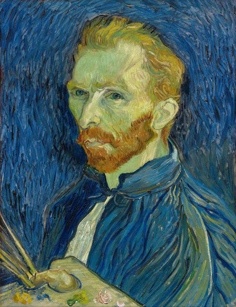 Vincent Van Gogh is painted in 3/4 view from the bust up holding a palette and paint brushes (famous paintings)