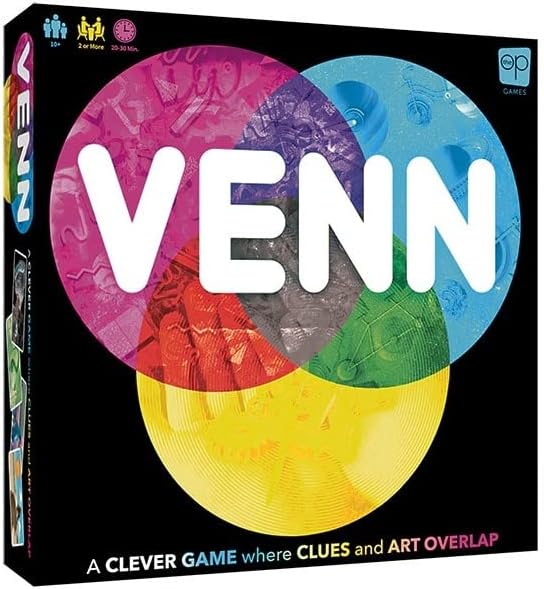 Three circles, one pink, one blue, and one yellow are interlocked with eachother on a black box. Large white letters say VENN.